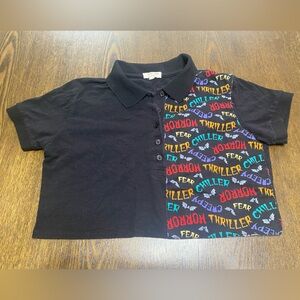 Heart and Hips Halloween Horror Cropped Black Collared Shirt with Buttons